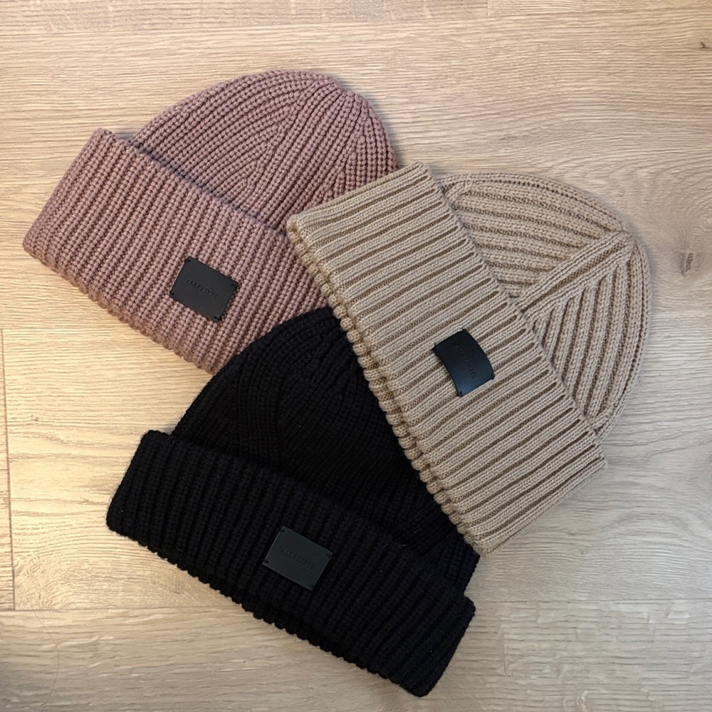 3 AllSaints Beanies in Black, Pink, and Tan